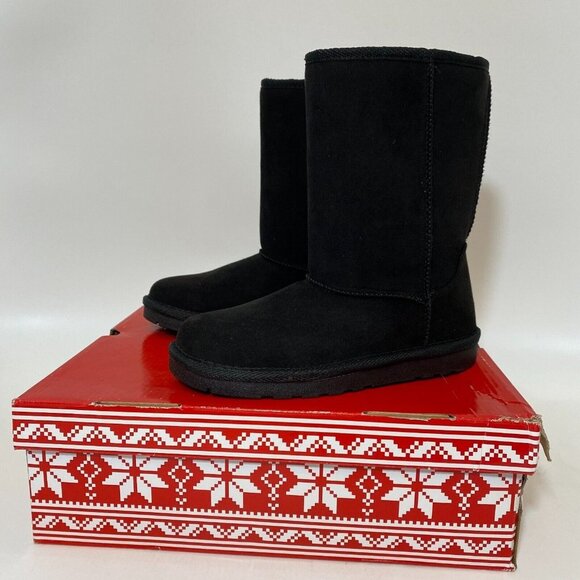 Arizona Girl's Black Short Winter Boots sz 5 Faux Suede/Faux Fur Pull-on NEW - Picture 1 of 6